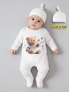 Gifting a hat, Baby clothing, a cartoon bear print newborn footed sleeper, a long-sleeved baby bodysuit for spring and autumn, an envelope-neck crawling suit for infants, easy to put on and take off, an outdoor wear gift for pregnant women