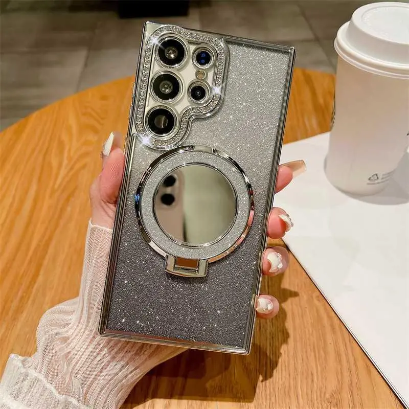 For Samsung Galaxy S26 Ultra Phone Case Rhinestone Glitter Magnetic Mirror Stand For S25 Shockproof Soft Case For A56 HNU52