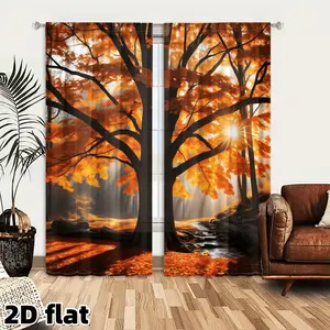 2D Flat 2Pcs Autumn Forest Curtains, Maple Tree Sunset Nature Scene, Light Filtering Window Panels, Golden Orange Fall Foliage Design, Rod Pocket Drapes for Living Room Bedroom Kitchen Office, Landscape Curtain, Home Decoration Curtain