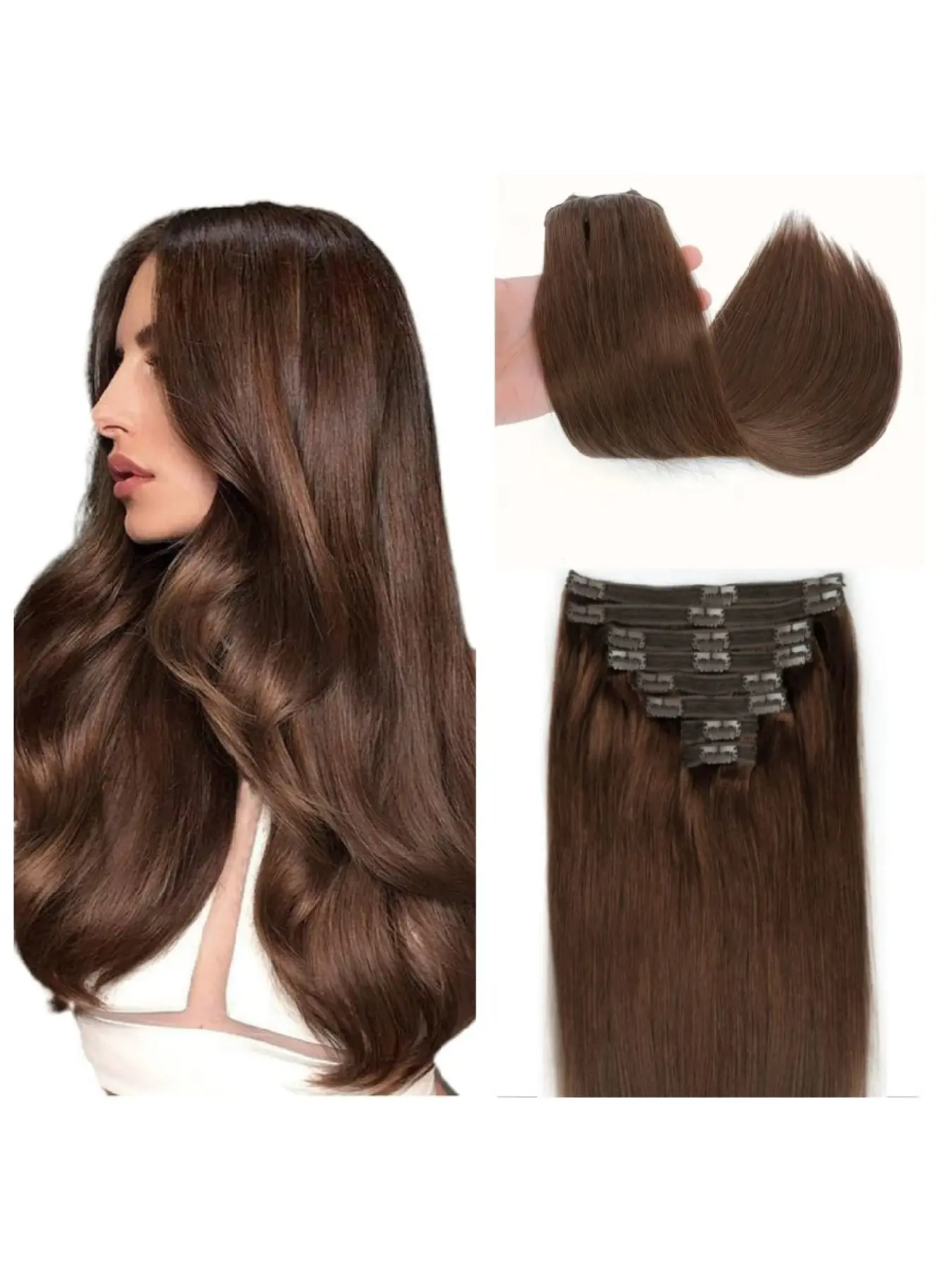 8 Pcs Brazilian Remy Human Hair Clip-In Extensions, Straight #4 Light Brown, Natural Realistic & Shiny, Natural Look, Perfect Blend, Unisex, Easy to Wear, For All Light Hair Colors, Add Volume & Length, No Damage to Hair, Natural Looking Hair
