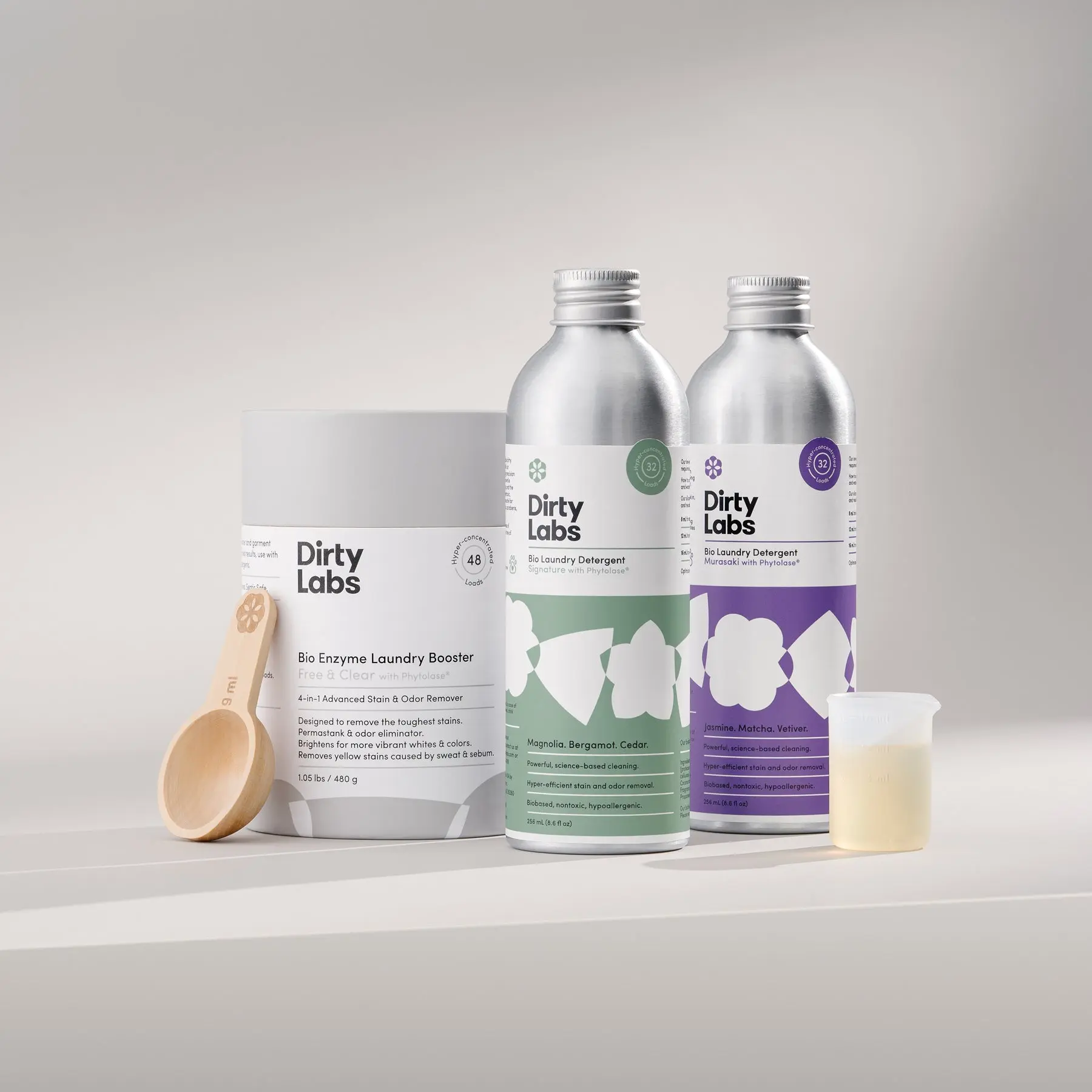 Luxe Scent Bio Laundry Starter Set - 2 Best Selling Household Detergents (64 Loads), Laundry Booster (48 Loads), and 2 Refillable Silicone Measuring Beakers
