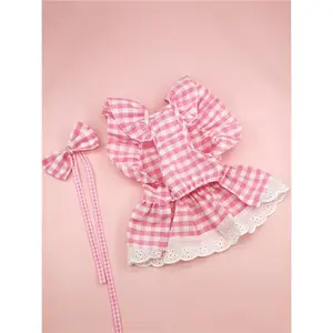 1pc Gingham Print Bow Decor Pet Dress