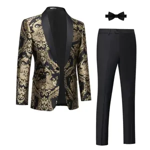 Tuxedo Suits for Men 2 Piece Regular Fit Suit Floral Blazer Jacket Waistcoat Pants Men Set Wedding Prom-Black& Gold wedding suit jacket prom party suits Slim Double-Breasted Three-Piece
