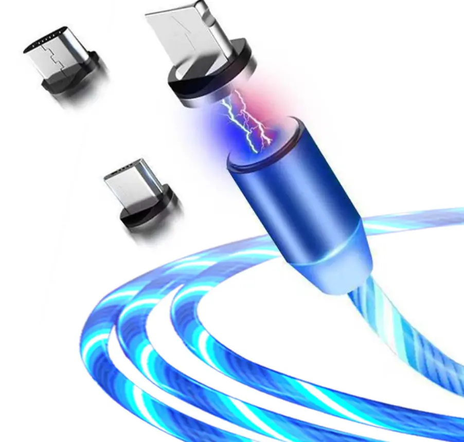 Neon Flowing LED Magnetic USB Charging Cable with Aluminium Core & Tip - 2.1A High Current, 1m, Universal Fit, 1-Handed Blind Connection, Dust-Proof, Driver-Safe, Adjustable Gooseneck Tablet Holder for Type-C/iOS/Android Devices Aluminium Plug