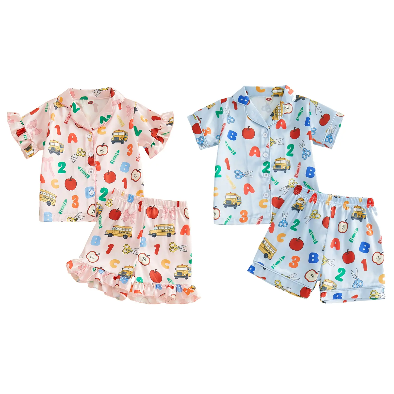Kids Boys Girls Back to School Pajamas Set Apple Number Pencil Print Short/Long Sleeve Tops Elastic Waist Pants 2 Pieces Satin Sleepwear
