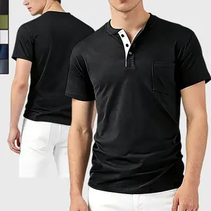 Slim-Fitting Men's Cotton Stretch Henley Tee | Casual Short Sleeve T-Shirt with Pocket