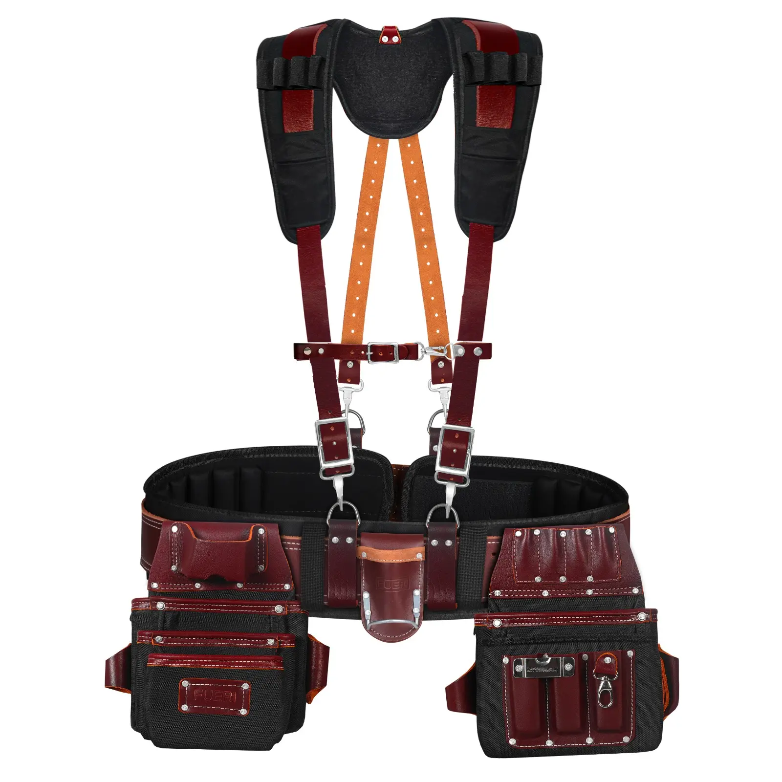 FUERI Men's Heavy-Duty Nylon & Leather Tool Belt Organizer with Suspender, 26 Pockets (Maroon & Black), Comfort Padded Belt, Spacious Pouches, Hammer Holder & Suspender Loops for Carpenters, Electricians, Tool Bag Organizer, Hands‑Free Carry