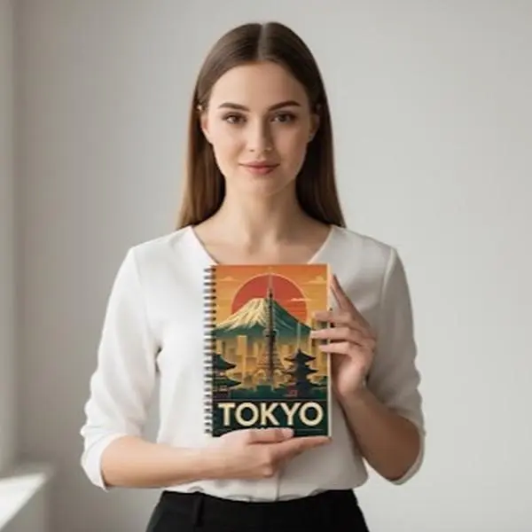Vintage Tokyo Japan Travel Cover Print Spiral Notebook - 1 Size, 8.00 Length, 6.00 Thickness 90gsm Paper, Metal Spiral, Convenient Document Pocket, Extra Storage, Easy Page Removal, Compact On-the-Go Journal for Travelers, Home Office Supplies Gift