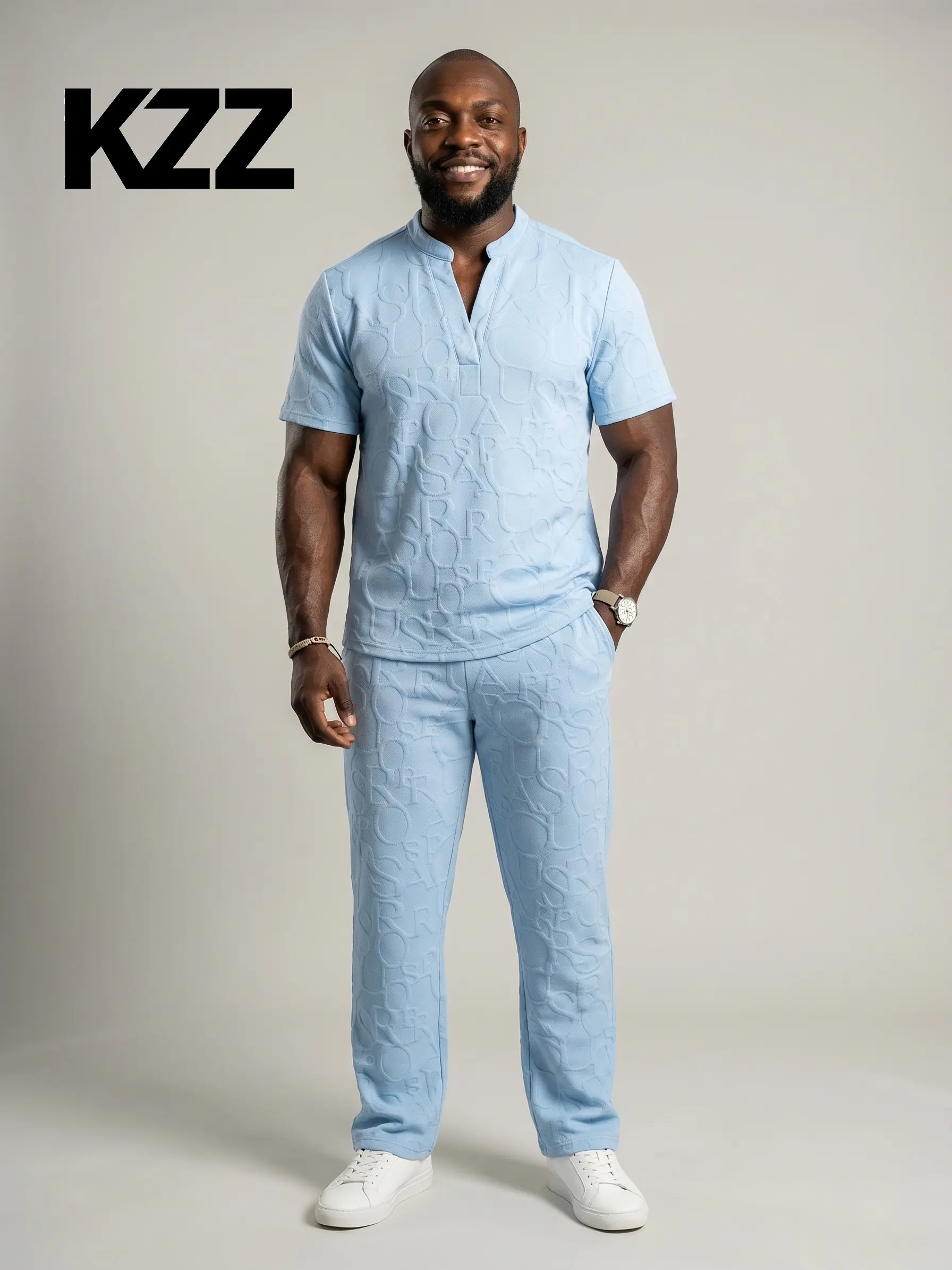 KZZ Men's 2-Piece Set, Casual Textured Menswear with Short Sleeve Embossed Tee, Notched Neck, and Elastic Drawstring Ankle Pants