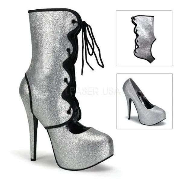 Women's Bordello TEEZE-31G Silver Glitter Convertible High-Heel Pumps - Chic, Sleek Footwear with Detachable Boot Accent, Sparkle, Detachable Shaft, Glittered, Heeled, High Heels, Shoe, Concealed Platform