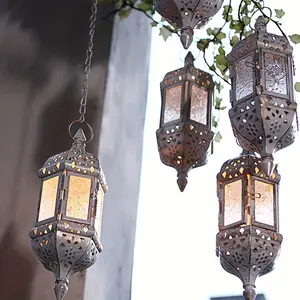 Moroccan style hanging candle holder, 15.7-inch chain, metal and glass, wall-mounted, pastoral theme, painted finish, no electricity required, suitable for home garden Christmas decoration.