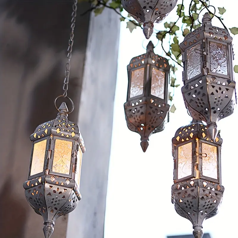 Moroccan style hanging candle holder, 15.7-inch chain, metal and glass, wall-mounted, pastoral theme, painted finish, no electricity required, suitable for home garden Christmas decoration.
