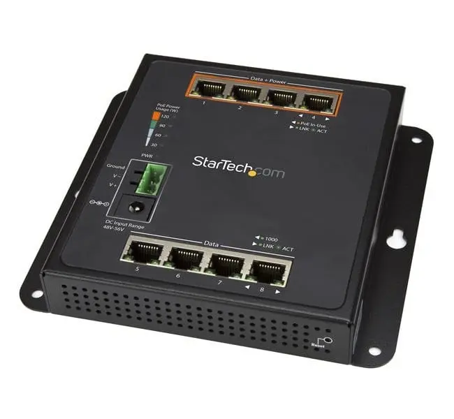Startech IES81GPOEW Managed PoE Ethernet Switch - 8x RJ45 Ports, Din-Rail Mountable, -40°C to +75°C, Layer 2 Mgmt, IP30 Rating, Front Access, Expandable