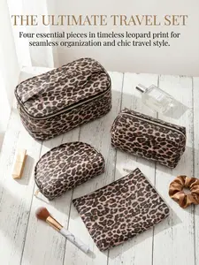 4 Piece Leopard Print Makeup Bag Set, Fashion Multi-Size Waterproof Cosmetic Bags, Portable Travel Washbag Organizer, Women Daily Use Gift, Makeup Storage Bag, Makeup Organizer Pouch