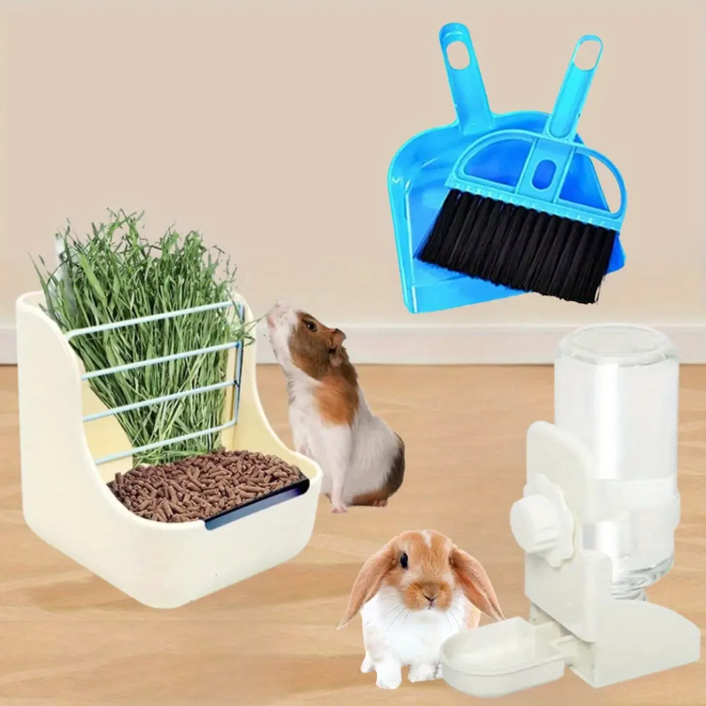 4PCS Rabbit Feeder and Water Bottle Set,Durable Hay Food Bin Feeder,Food Bowl,Gravity-Fed Water Dispenser for Rabbit, Guinea Pig, Chinchilla Prevent Knock Over for Rabbit Guinea Pig Chinchilla Comes with A Broom