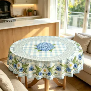 Blue Checkered Tablecloth, Hand-Painted Hydrangea Daisies, French Style, Ideal for Dining, Picnics, Afternoon Tea