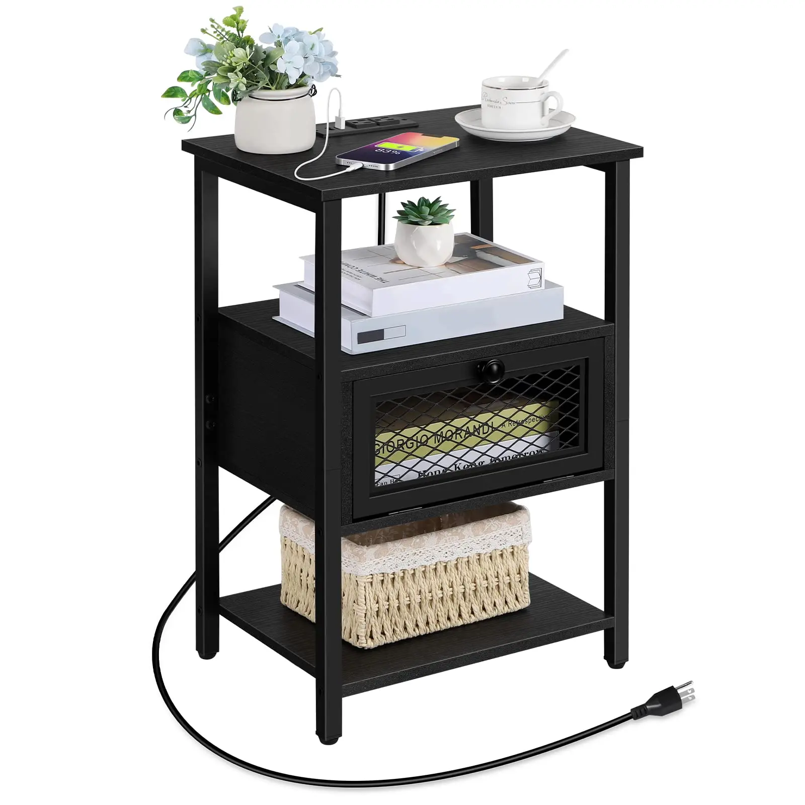 Modern Narrow Bedside Table with Charging Station, USB Ports, Outlets, Shelf, Storage - Indoor Furniture for Bedroom Organization, Living Room Sofa Side Use