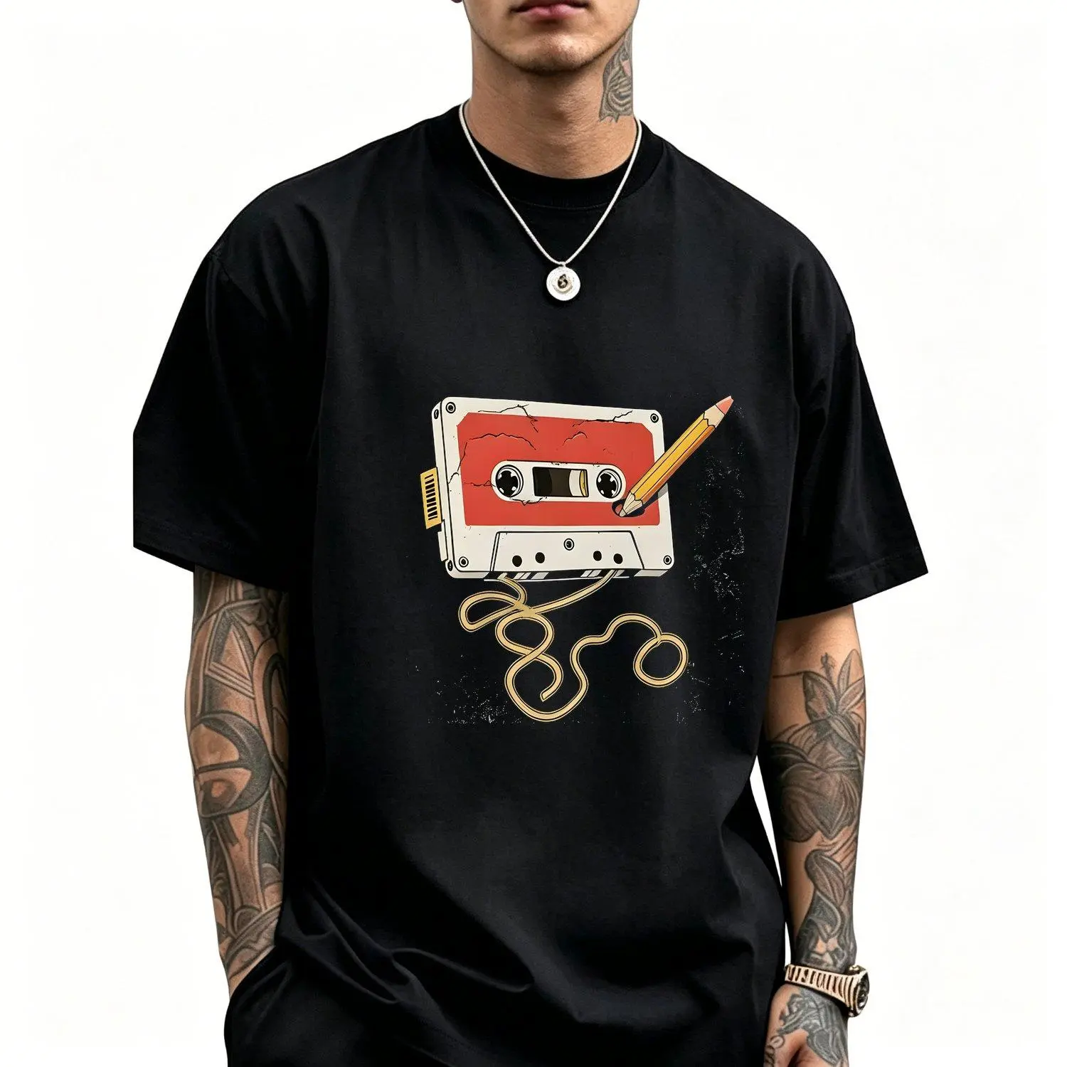 Men's Short Sleeve Sports T Shirt Retro Cassette Tape Graphic Tee Distressed Faded Muscle Shirt Casual Streetwear Summer Breathable Athletic Top Nostalgic Art Print Trendy Gift Menswear Crewneck