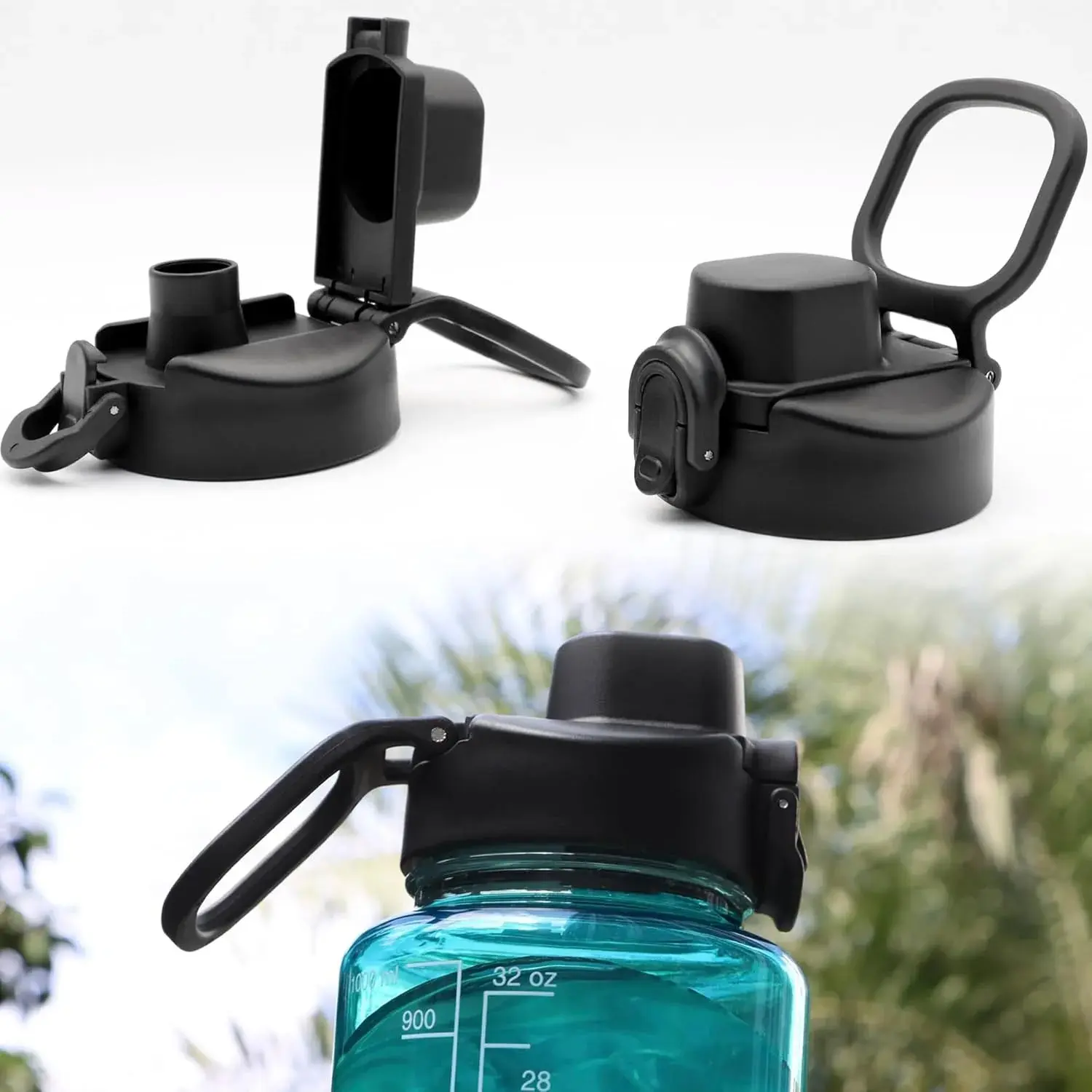 Portable Auto Flip Lid Replacement with Handle for Nalgene 32 oz 53mm Wide Mouth Bottles, Black Square Sports Water Bottle Accessory Cap