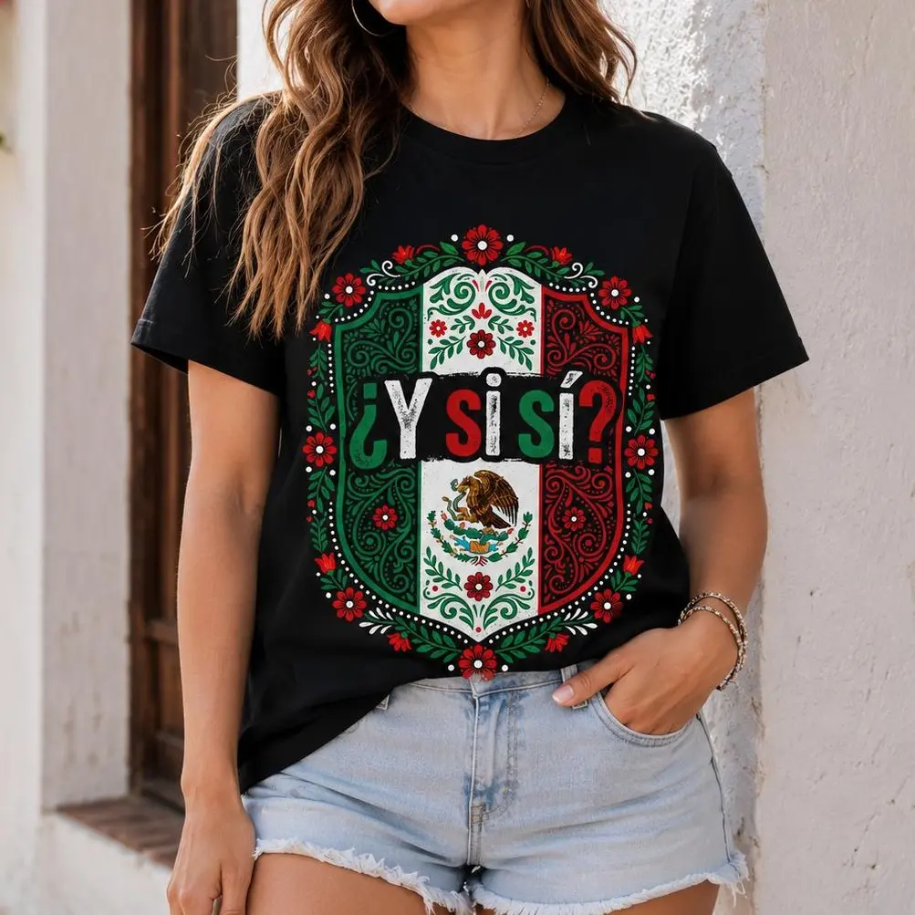 Y Si Si Mexico Flag Mexican Eagle Floral Folk Art Vintage Cotton T-shirt, Casual Top for Men & Women