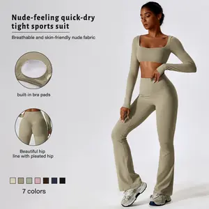 Women's 2-Piece Long Sleeve Workout Set - Square-Neck Cropped Top, High-Waist Flared Pants, Casual Activewear, Gym Yoga Clothing, Sports Breathable Outfits, Stretchable Activewear Ideal for Fitness, Yoga