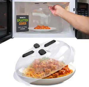 HOVER COVER Magnetic Splatter Cover, 12-Inch Clear BPA-Free Food Lid, Vented Plate Guard with Steam Vents, Anti-Splash Microwave Lid, Dishwasher Safe, Space-Saving Magnetic Storage - Black