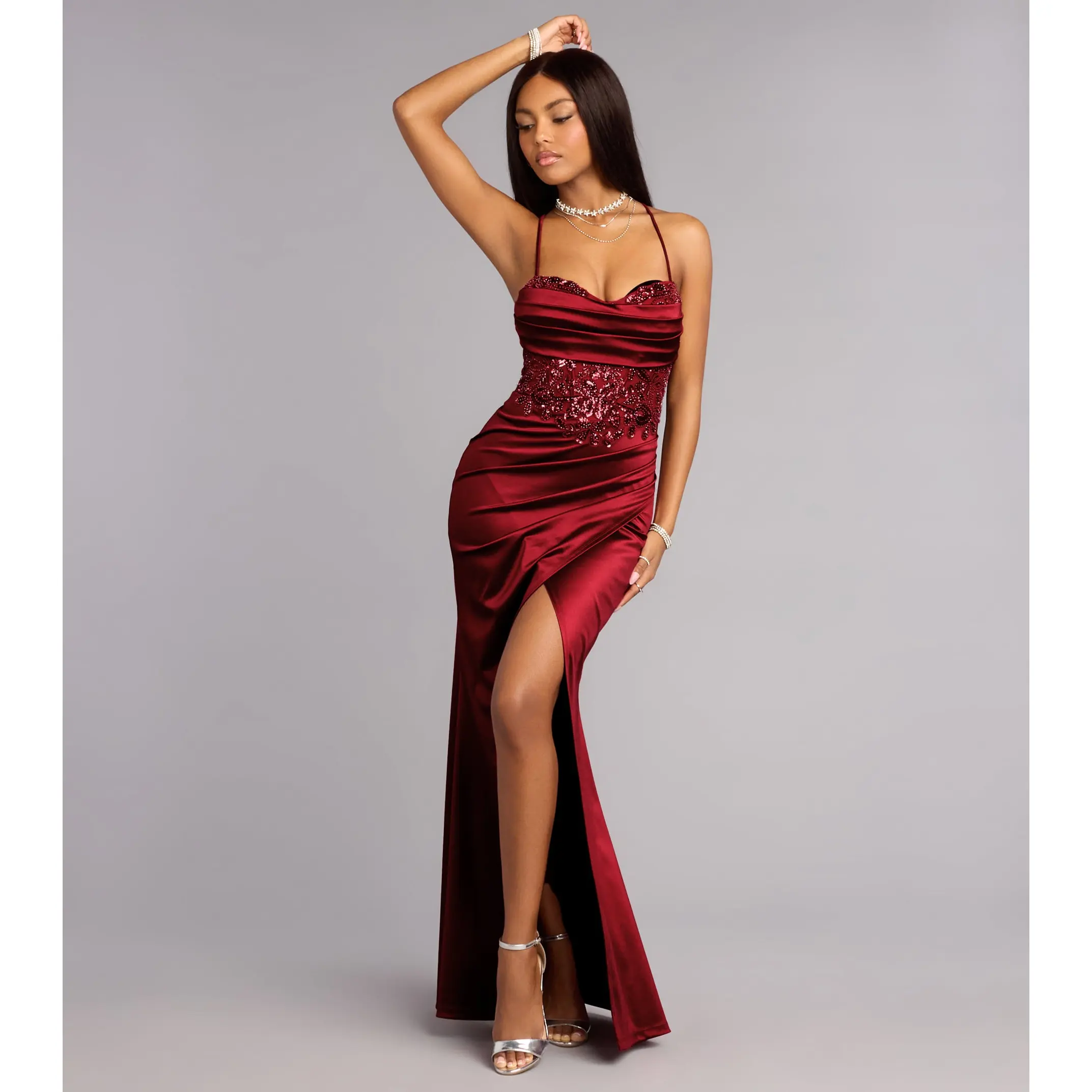 Anya Sequin Beaded Satin Mermaid Dress
