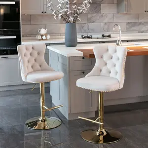 A&A Furniture,Golden Swivel Velvet Barstools Adjusatble Seat Height from 25-33 Inch,Modern Upholstered Bar Stools with Backs Comfortable Tufted for Home Pub and Kitchen Island,Beige,Set of 2 teddy  bear  chair sillas  de  barra
