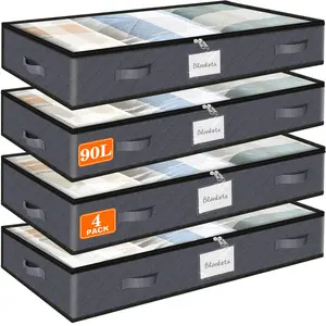 Under Bed Storage Bags 4 Pack, 90L Large Clothes & Comforter Storage Containers with Clear Window, Breathable Fabric Organizer for Blankets, Bedding, Seasonal Clothing