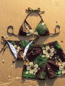Matching Couple Swimwear Hibiscus Floral, His and Hers Summer Outfits, Matching Bikini and Men's Swim Trunks Set, Tropical Beachwear