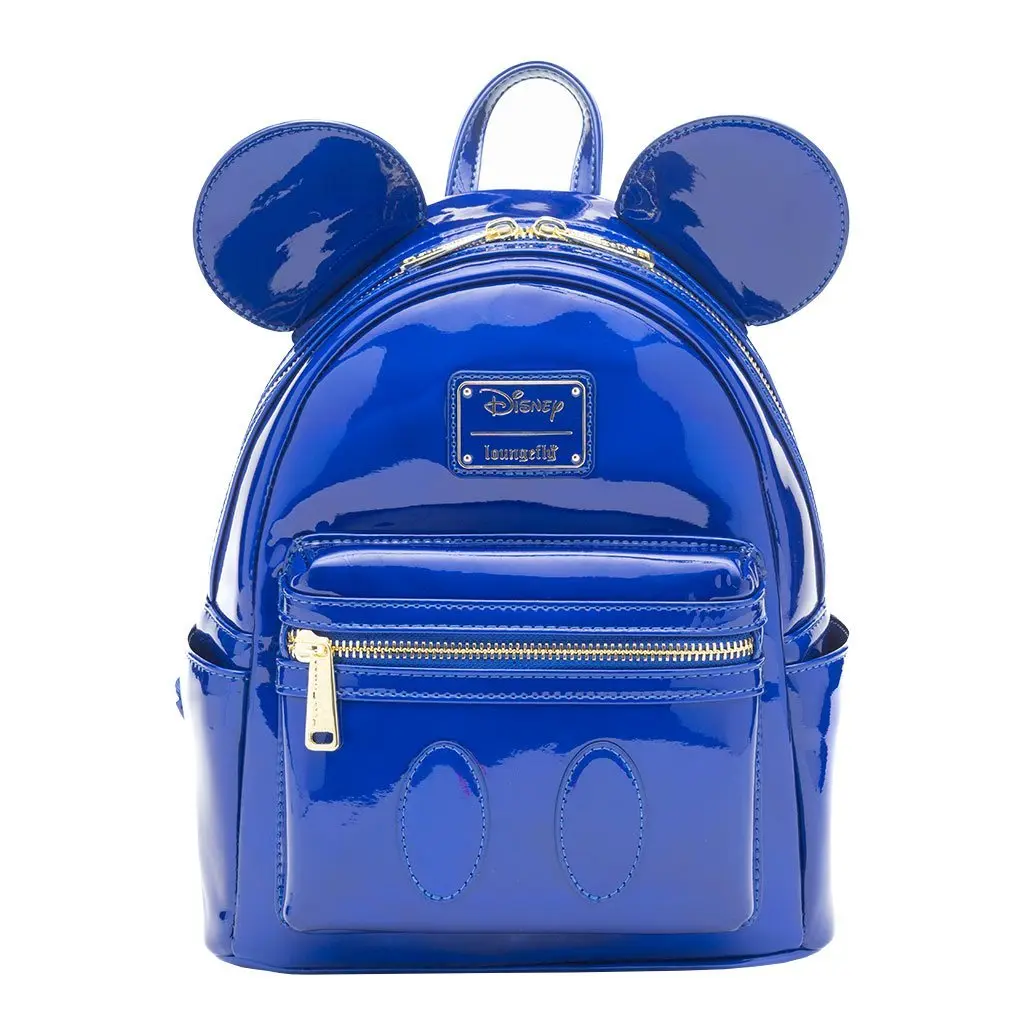 Loungefly Disney Mickey Mouse Sapphire Blue Holographic Faux Leather Mini Backpack Purse - Applique Accent, Debossed Details