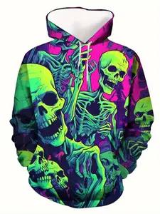 Men's Neon Hoodie with 3D Skull Print, Street Style Pullover Sweatshirt, Lightweight Knit Fabric