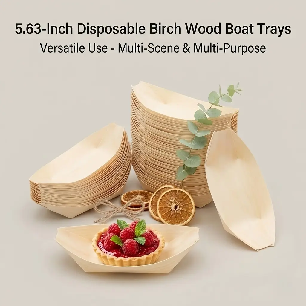100pcs Disposable 5.63-Inch Wooden Boat-Shaped Plate Set, UV-Resistant Food Trays, Sushi Serving Trays, Disposable Food Containers for Catering, Home Use