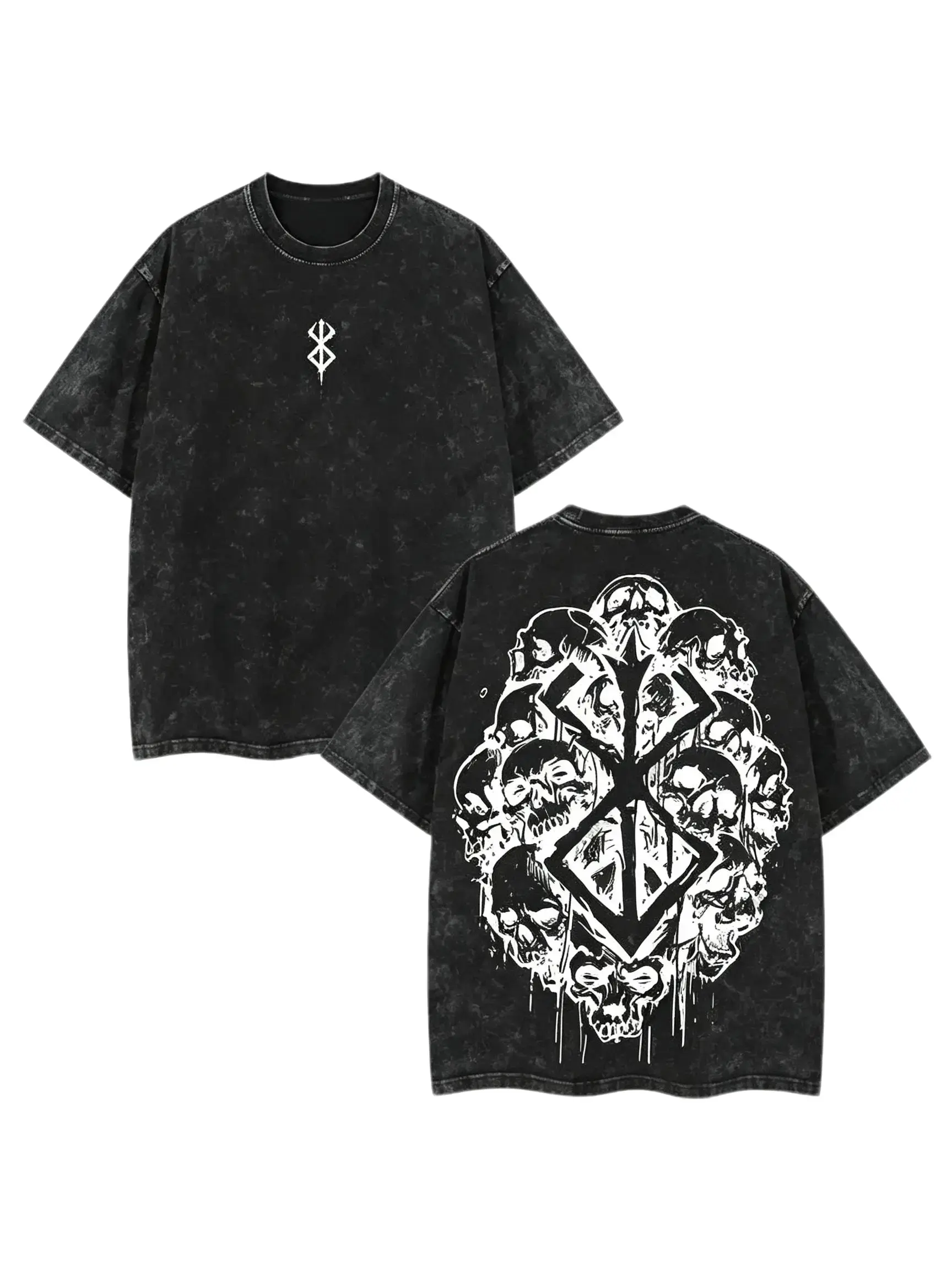 Men's Vintage Washed Grey Cotton Skull Print Berserk Symbol Oversized Round Neck Short-Sleeve T-Shirt - Gothic T-Shirts, Grunge Aesthetic Dark Anime Casual Loose-Fit Distressed Graphic Top, Manga Alternative Machine-Washable Menswear