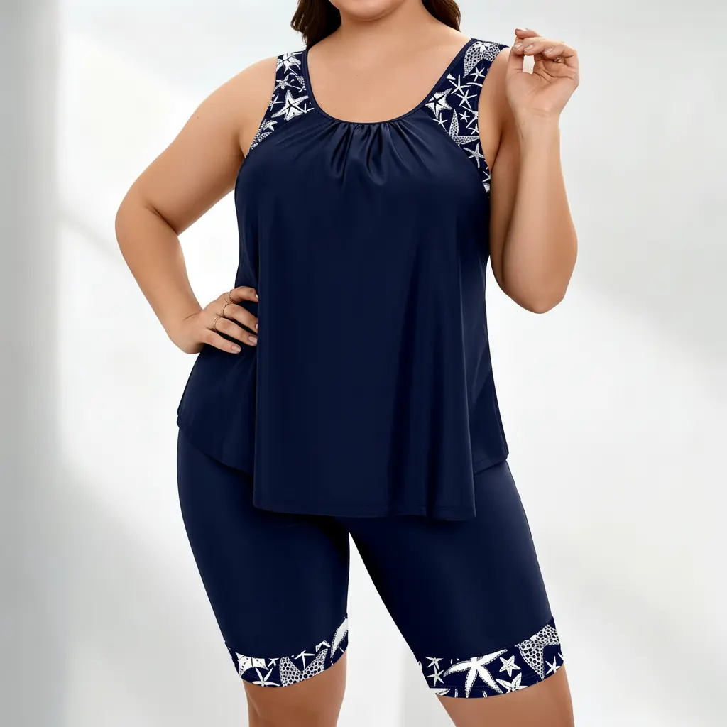 Women's Plus Size Navy 3XL Quick Dry Tankinis Swimsuit Set - Flowy Gathered Top with Ocean Print Trim, Full Coverage Boy Shorts, 4-Way Stretch Fabric for Pool, Curvy Activewear, Plus Size Swimsuits