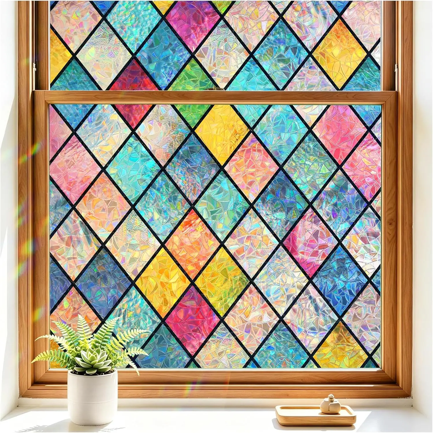 Window Privacy Film Stained Glass Film, Rainbow Decorative Window Cling, Static Cling Sun Blocking Decals for Home Door, 3D Colorful Lattice Stickers, Non-Adhesive 17.5" x 78.7"