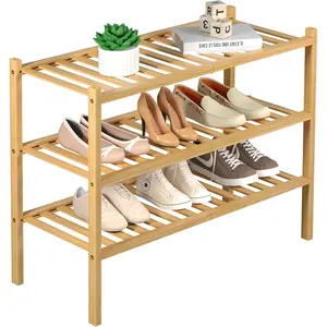 3 Tier Bamboo Shoe Rack for Closet Free Standing Wood Shoe Shelf Storage Organizer for Entryway Small Space Stackable 27"x11"x20" (Natural)