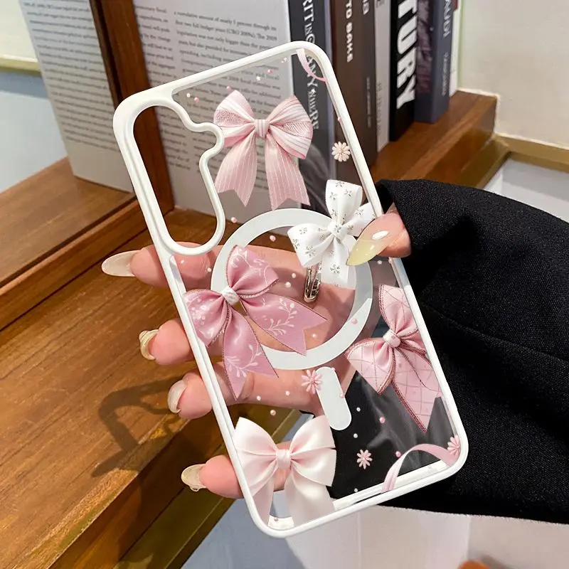 Magnetic Silicone Phone Case for Samsung Galaxy S22+ S23 Ultra S24 Plus S25 S26, Bow Delight Dream Pattern, Durable TPU Protection Casing, Anti-Scratch Shockproof Stylish Mobile Phone Accessories Cover