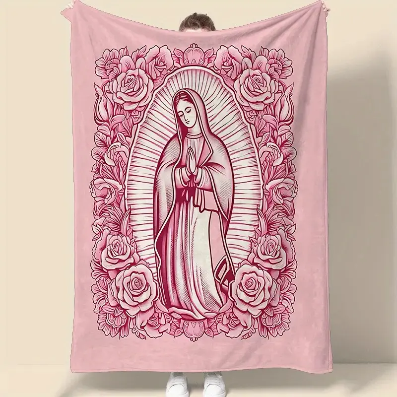 Countdown Sale! Cozy Pink Virgin Mary Lightweight Throw Blanket - Cozy Chic, Soft Comfy, Heartfelt Gift for Mom, 4-Season Use for Office & Sofa, Cozy Chic Blanket，Ideal Baptism Christmas Gift For Latina Catholic Faith Lovers