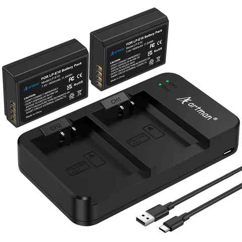 Artman LP-E10 Camera Accessories Complete Kit - 2 Pcs 1600mAh Digital Camera Batteries, USB Dual Charging Charger with Protection Layers, Magnetic Power Bank, Micro USB Cable for Canon EOS Rebel T7,T6,T5,T3,T100,Kiss X50,X70,1100D,1200D,1300D,2000D