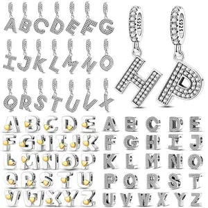 Letter Alphabet Charm 925 Silver Original Glittering Zircon Charms DIY Name Jewelry Making For Bracelet Wedding Gift For Women