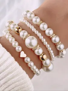 Mother's Day Gift Elegant Heart Decor Faux Pearl String of Pearls Beaded Bracelets Set, Matching Heart Bracelets, Stackable Bracelet Set, Boho Style Jewelry for Women, Trendy All-match & Exquisite Jewelry for Birthday Gift, Heart Shaped Bracelet