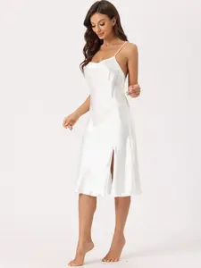 INSPIRE CHIC Women's Satin Nightshirt Sleeveless Backless Slit Midi Nightgown