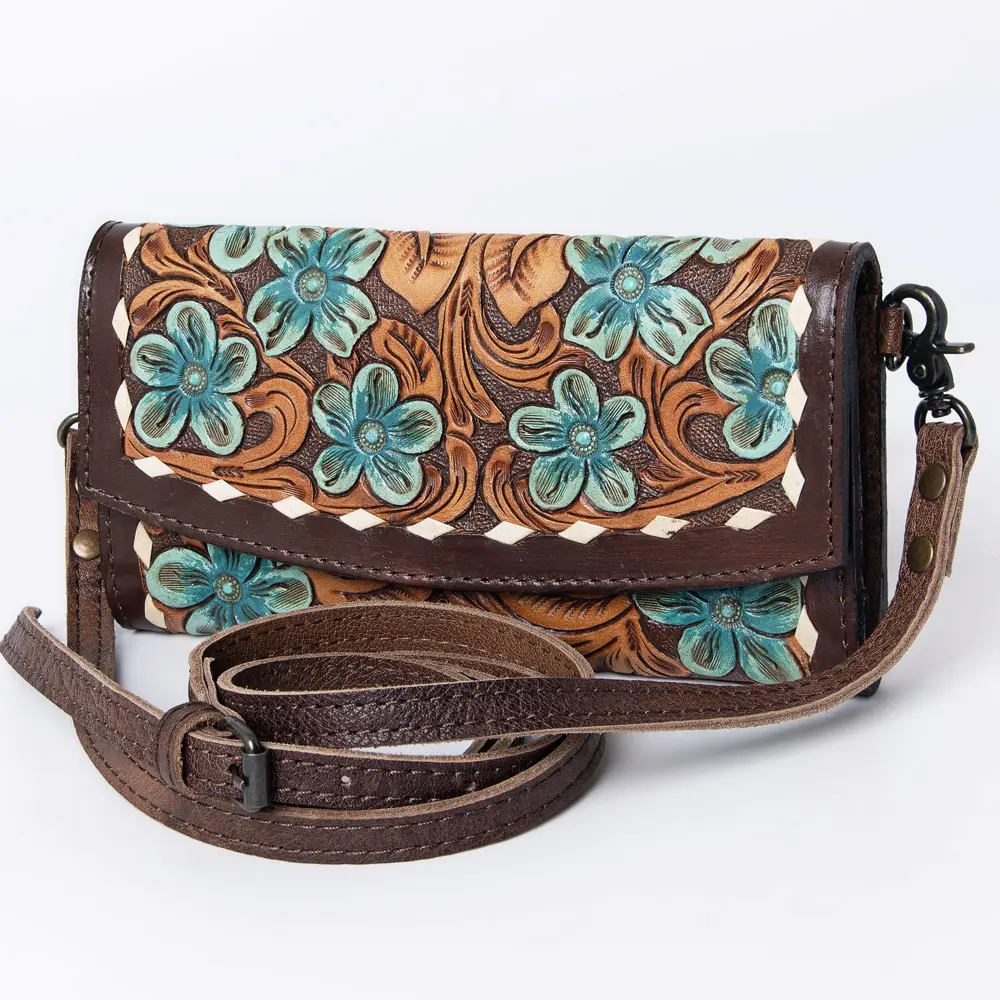 American Darling Wallet, Hand Tooled Genuine Vegetable-Tanned Leather, Western Handcrafted Tooled Crossbody Wallet for Women