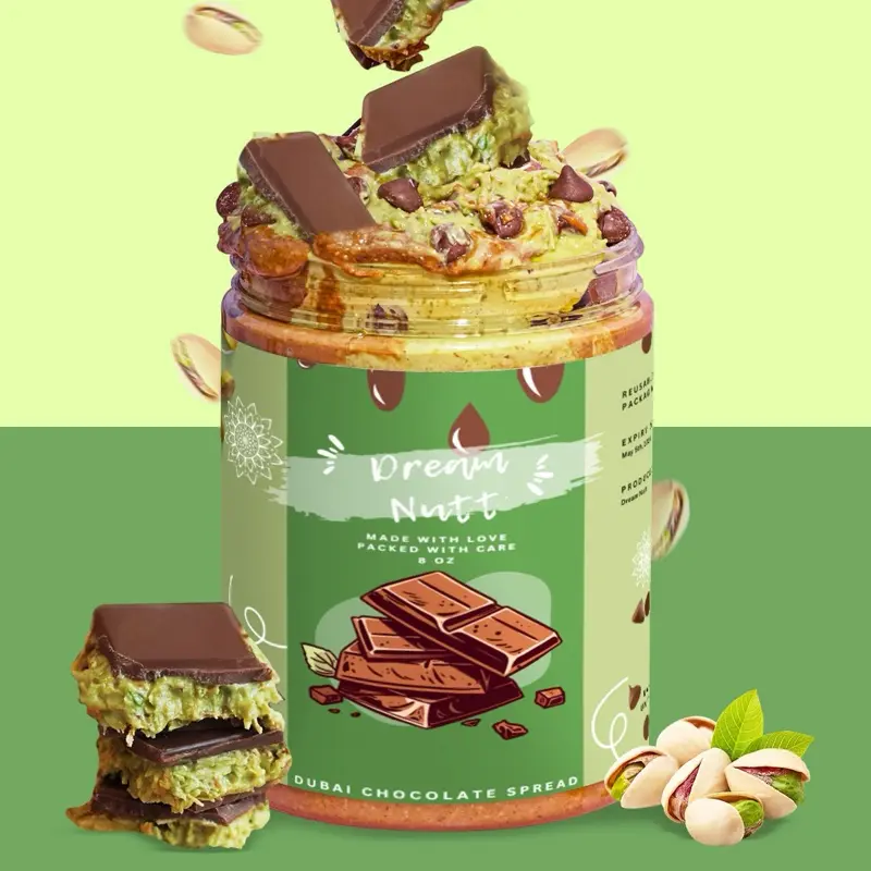 Dream Nutt Dubai Chocolate Spread - Hazelnut & Pistachio Layered Dessert, 8oz Jar, No Refrigeration, All Ages Snack, Inspired by Dubai's Iconic Flavors