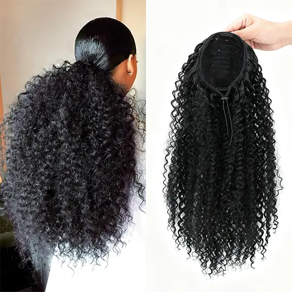 Fluffy Curly Drawstring Ponytail Extension for Black Women, 20 Inch Natural Afro Kinky Thick Volume Layered Synthetic Hairpiece for Daily Wear, Weddings, Birthday, Vacation & Quick Styling tiktokshopbacktoschool