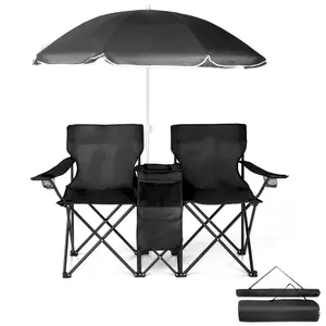2-Seat Double Folding Beach Chair with Removable Umbrella Canopy, Durable Steel & Oxford Construction, 180 lbs Capacity, Portable with Carry Bag for Camping, Picnic (Black)