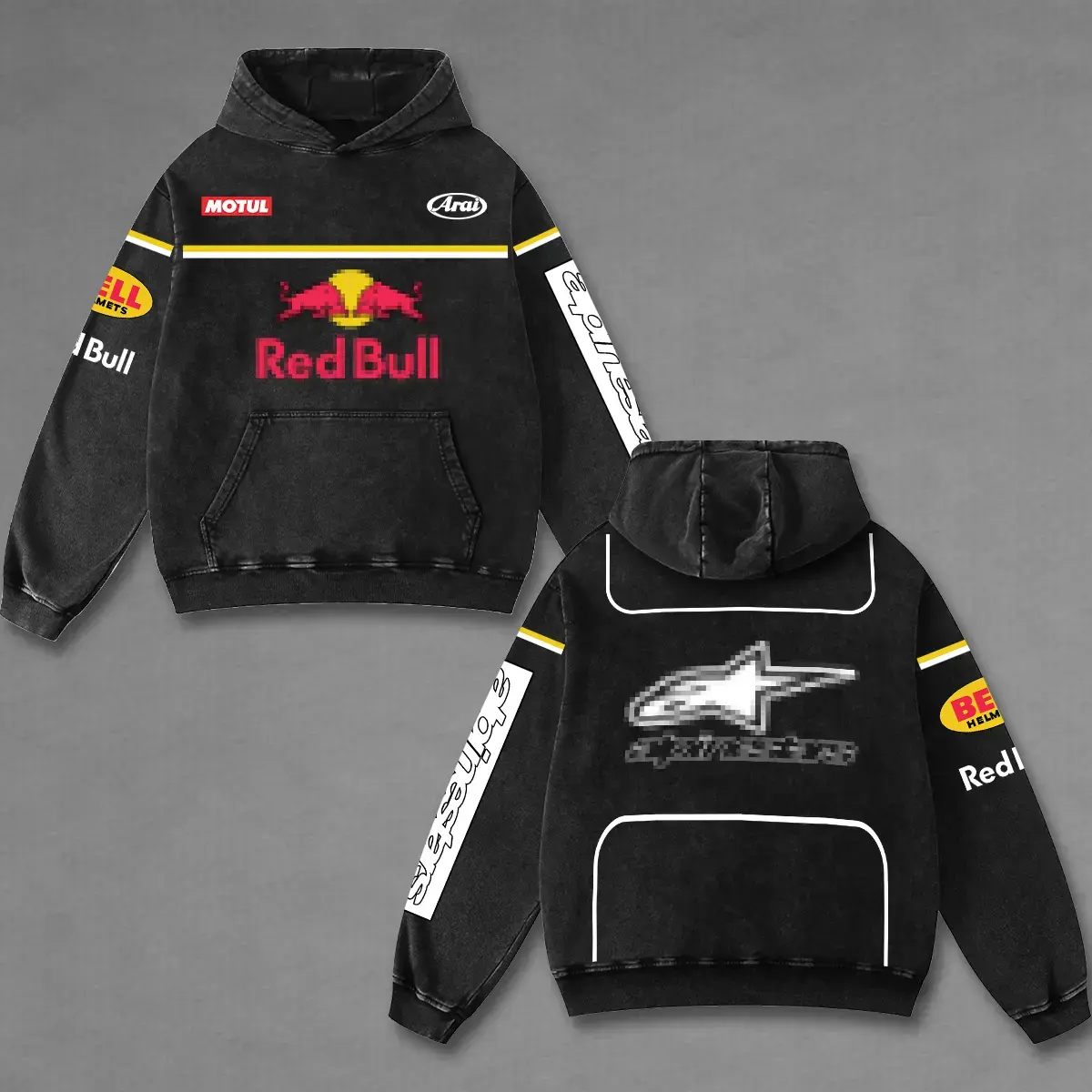 Revion - Retro Redbull x Astars Racing Acid Washed Hoodie - Vintage Motorcycle Motorsports Streetwear - Premium Cotton Dirt Bike Graphic Merch - Relaxed Fit Biker Apparel