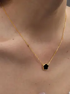 S925 Sterling Silver Black Enamel 5-Petal Flower Pendant Necklace, Elegant 18K Gold-Plated Chain For Women, Daily, Date & Party Wear Gift Jewelry