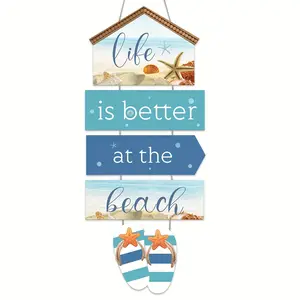 5 Piece Wooden Ocean Beach Wall Decor Set, Hanging, Shell Starfish Rustic Style, Home Art Decoration for Bathroom Living Room Kitchen